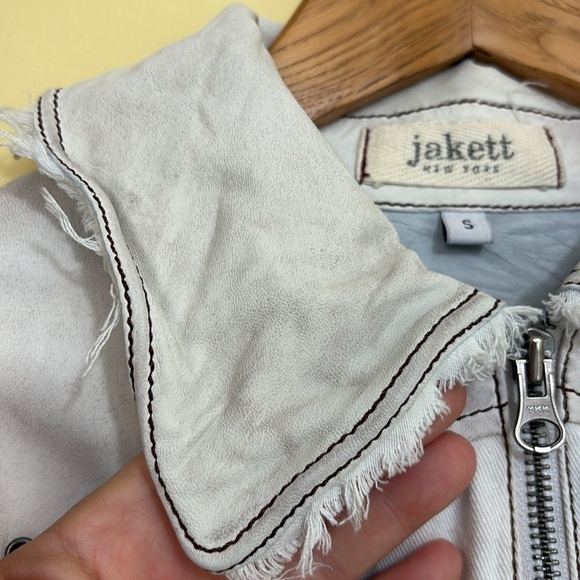 Jakket NY | Cream White Leather & Twill Riveted Studded Zip Pocket Moto Jacket S - Picture 13 of 16